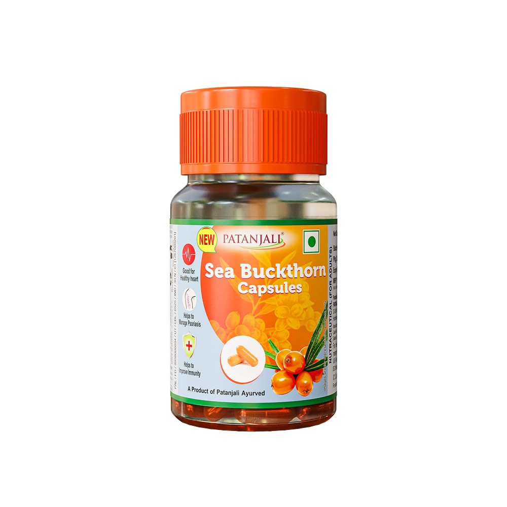 Patanjali Sea Buckthorn Fruit Berry Oil 500mg - 30 Veg HPMC Capsules | Rich in Omega 3, 6 & 9 | Dietary Supplement for Heart Health, Immunity & Deep Skin Hydrat