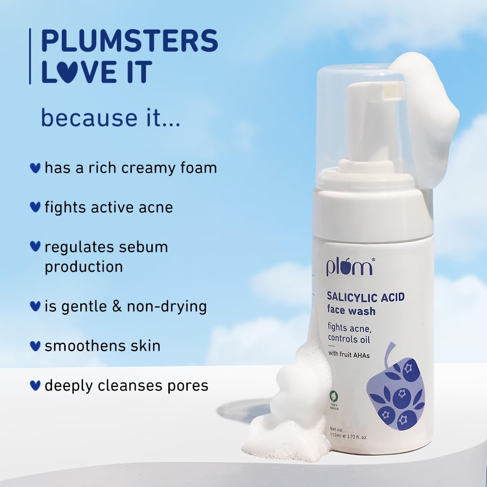 Plum 1% Encapsulated Salicylic Acid Foaming Face Wash | Fights Active Acne, controls oil & deep cleanses pores | with Glycolic Acid & Fruit AHAs | All Skin Type