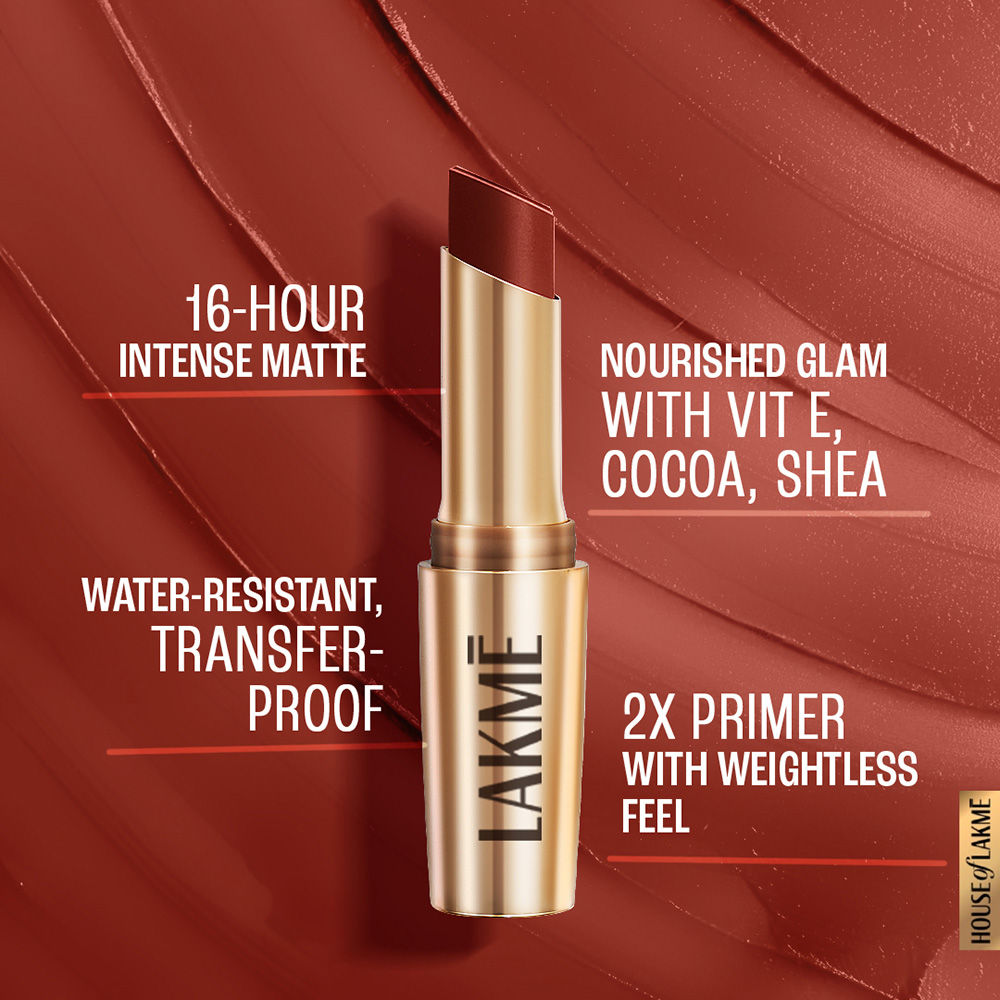 Lakme 9 To 5 Powerplay Priming Matte Lipstick For 16Hr Intense Matte , Red Rust