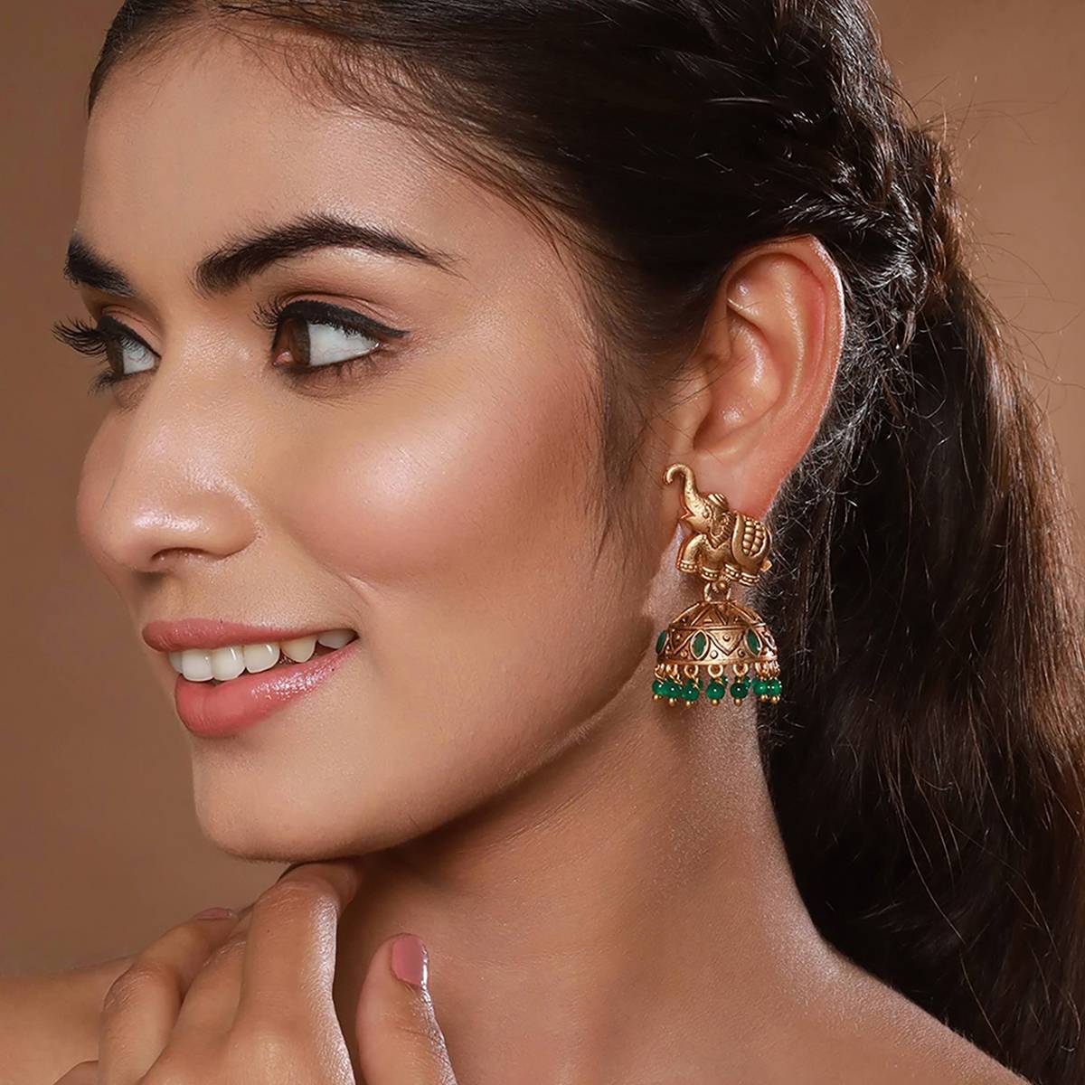 Aatmana Gold-Plated Artificial Stones-Studded & Beaded Jhumkas