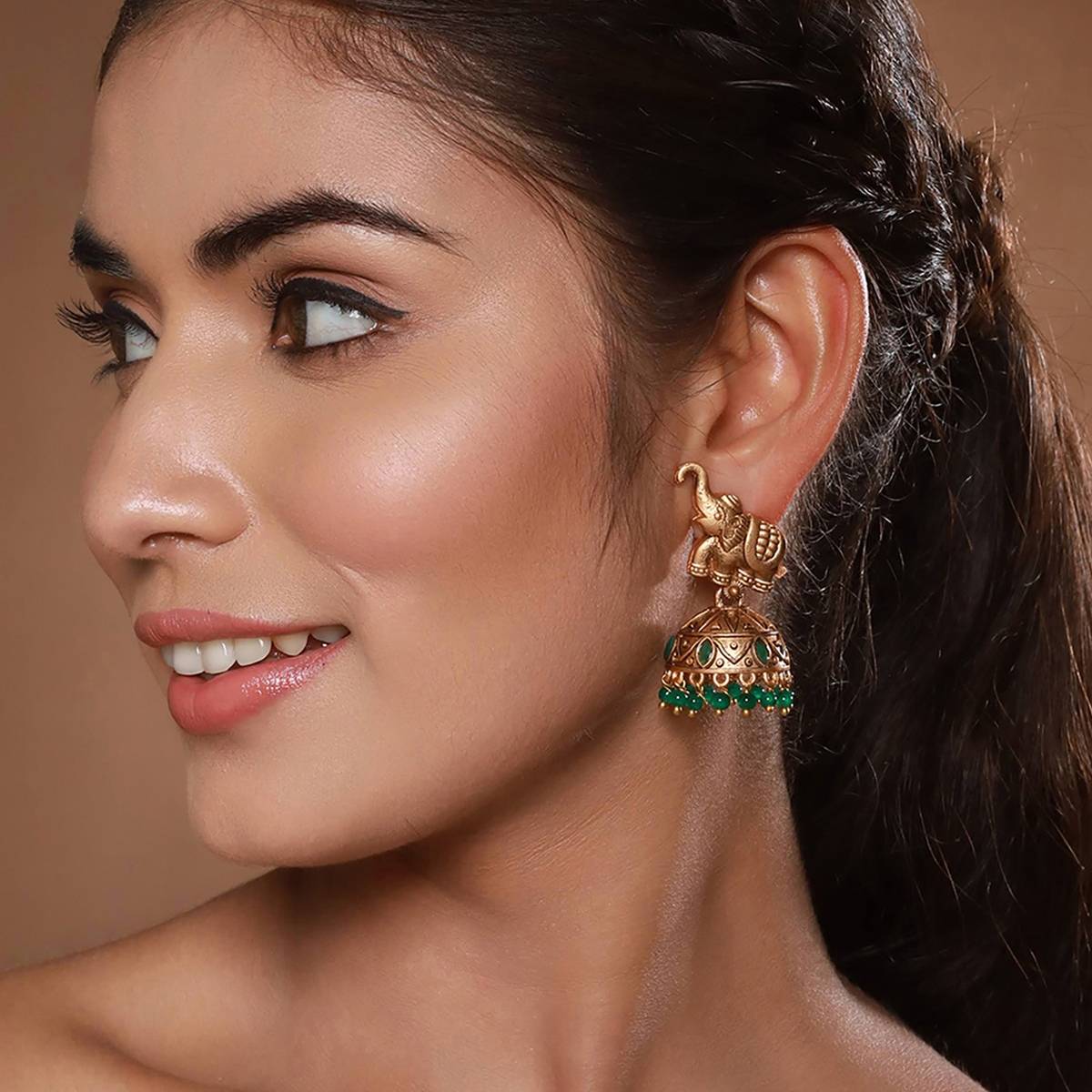 Aatmana Gold-Plated Artificial Stones-Studded & Beaded Jhumkas