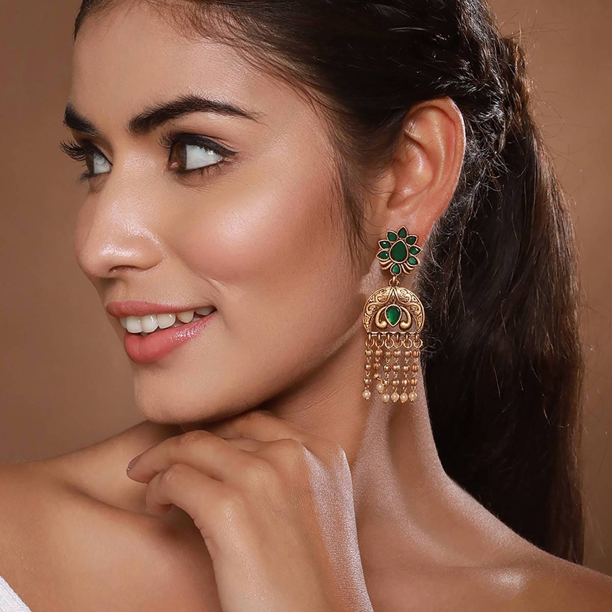 Aatmana Gold-Plated Artificial Stones-Studded & Beaded Drop Earrings