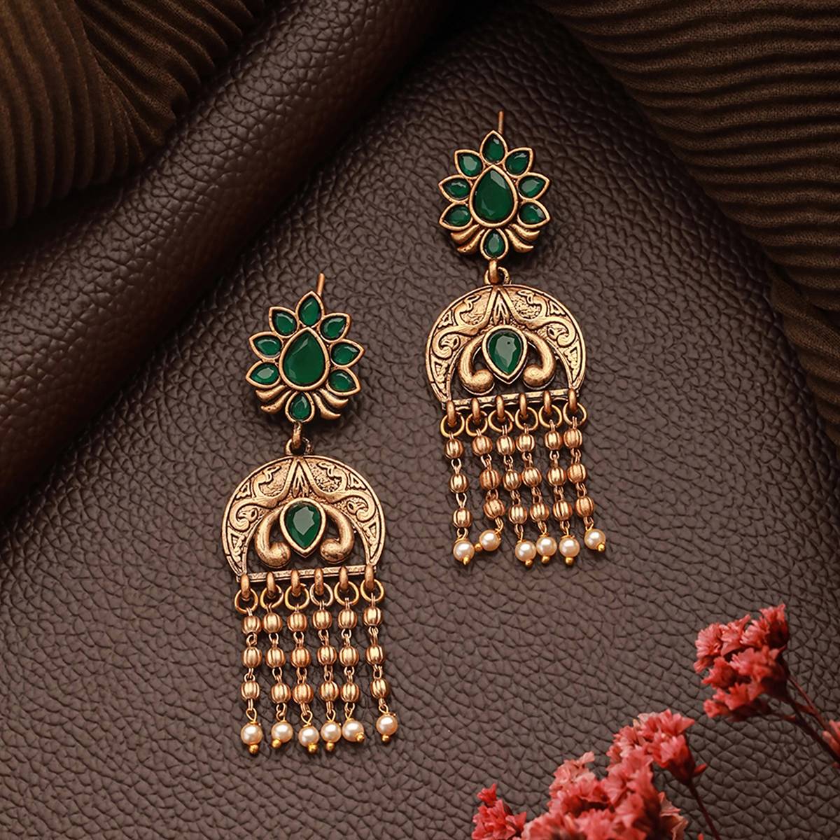 Aatmana Gold-Plated Artificial Stones-Studded & Beaded Drop Earrings