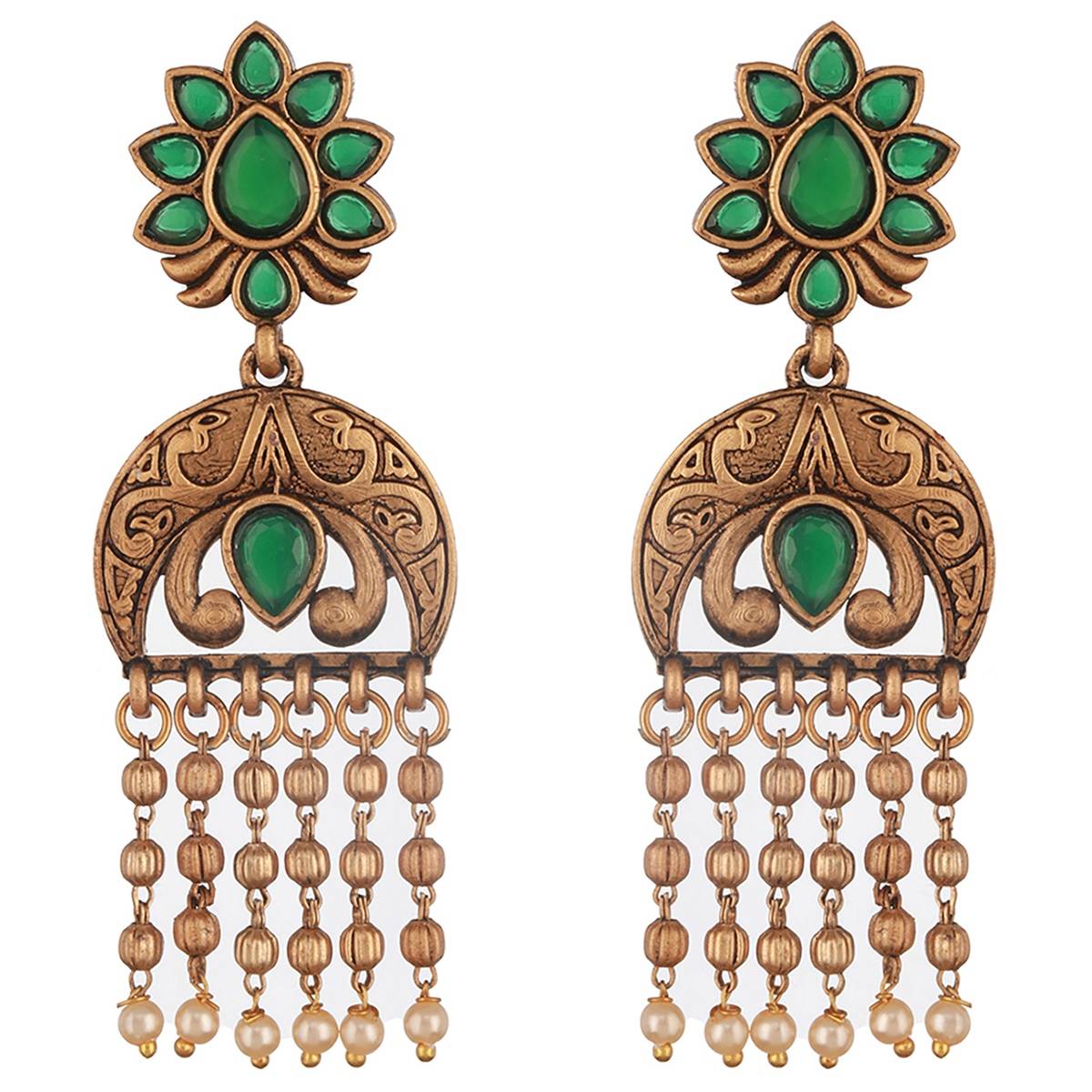Aatmana Gold-Plated Artificial Stones-Studded & Beaded Drop Earrings