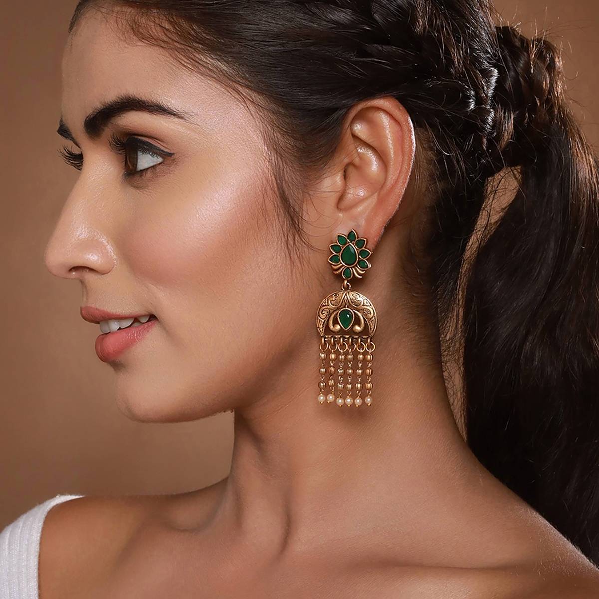 Aatmana Gold-Plated Artificial Stones-Studded & Beaded Drop Earrings