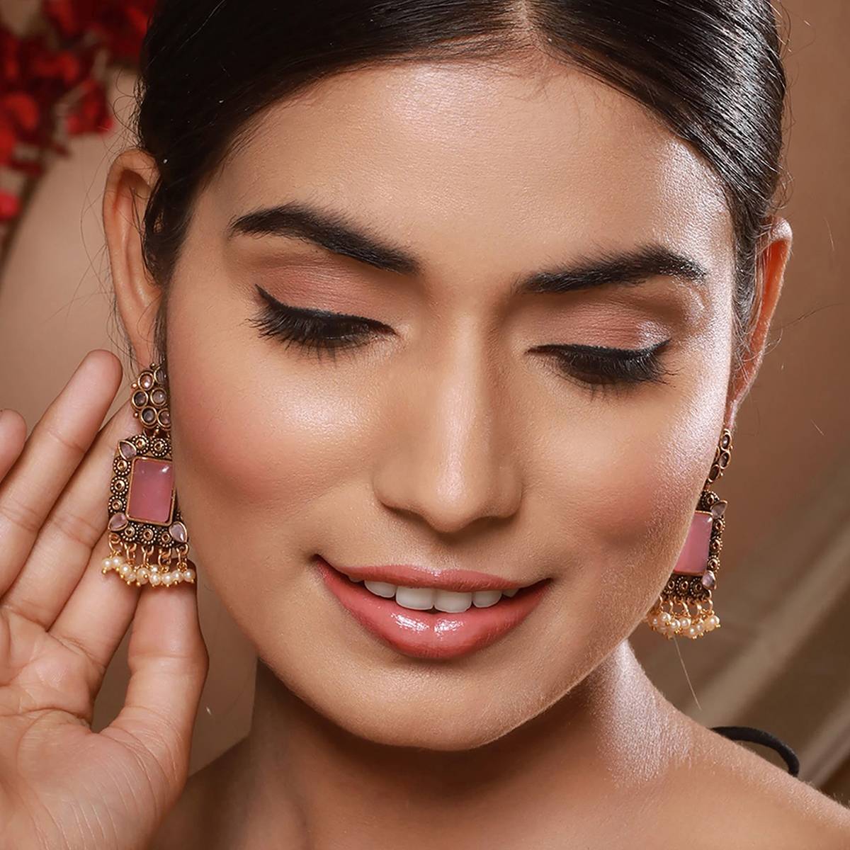 Aatmana Gold-Plated Pink Stones-Studded & Beaded Drop Earrings