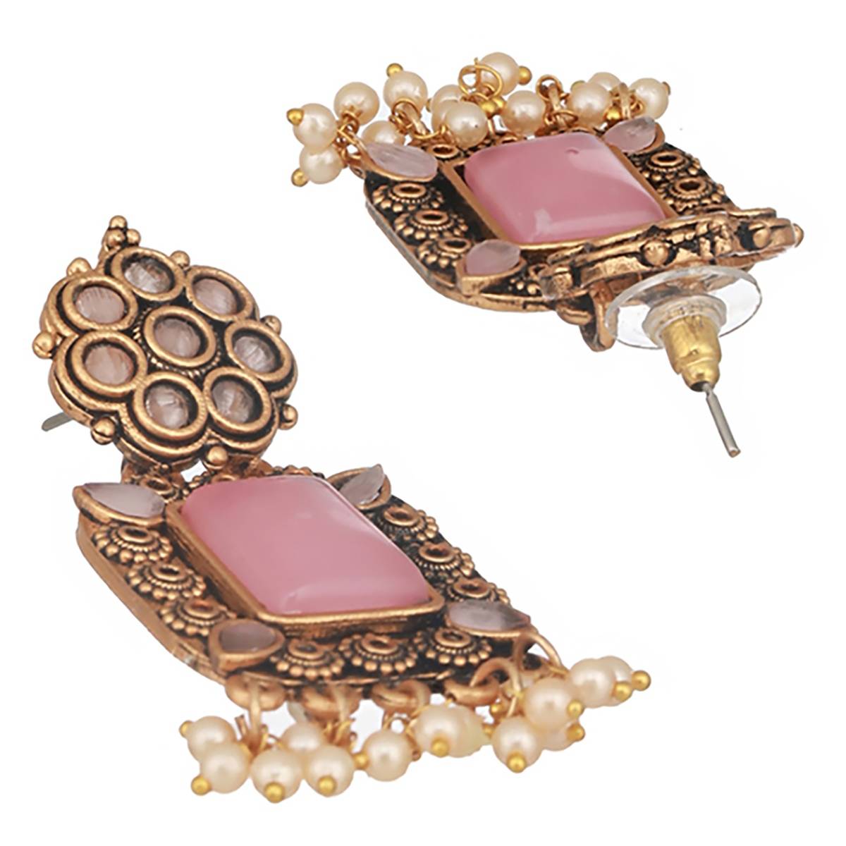 Aatmana Gold-Plated Pink Stones-Studded & Beaded Drop Earrings