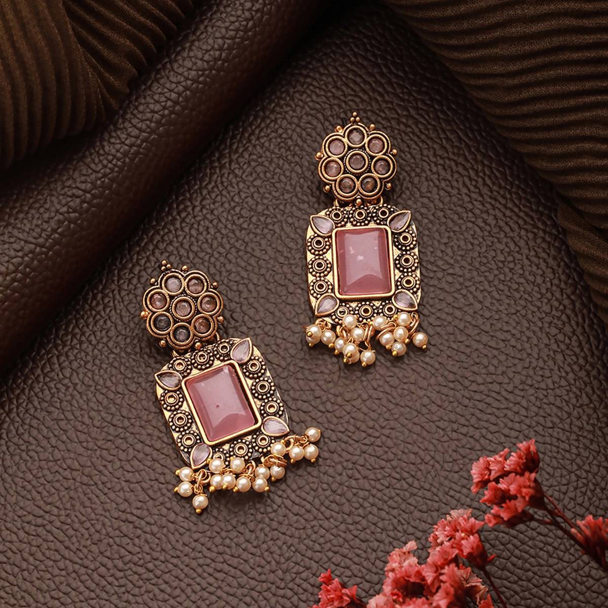 Aatmana Gold-Plated Pink Stones-Studded & Beaded Drop Earrings