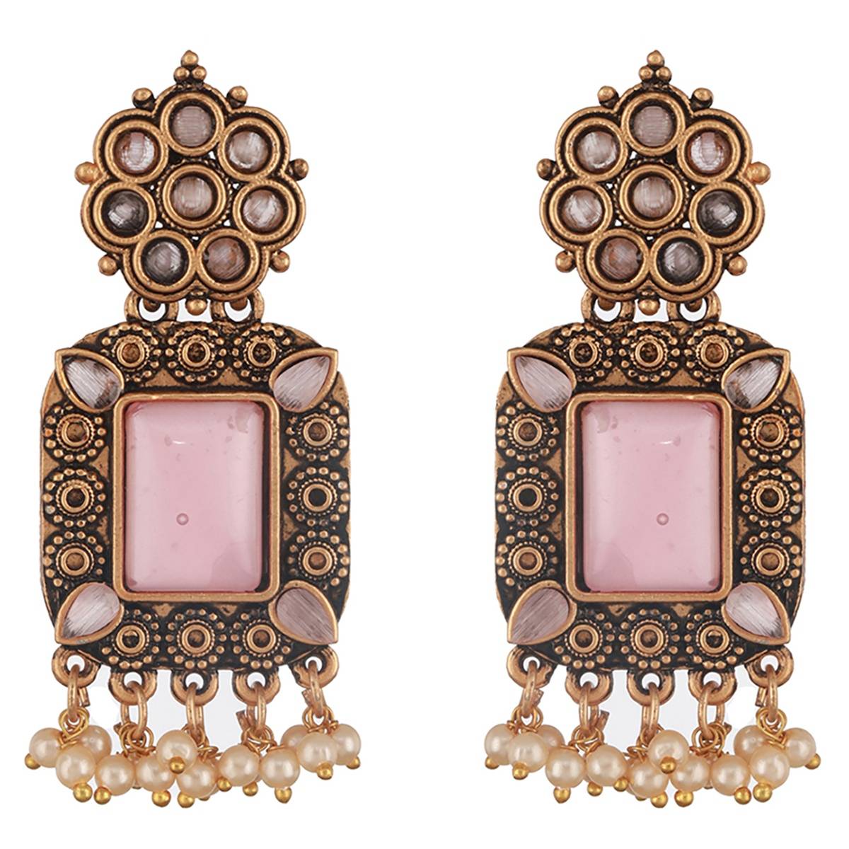 Aatmana Gold-Plated Pink Stones-Studded & Beaded Drop Earrings
