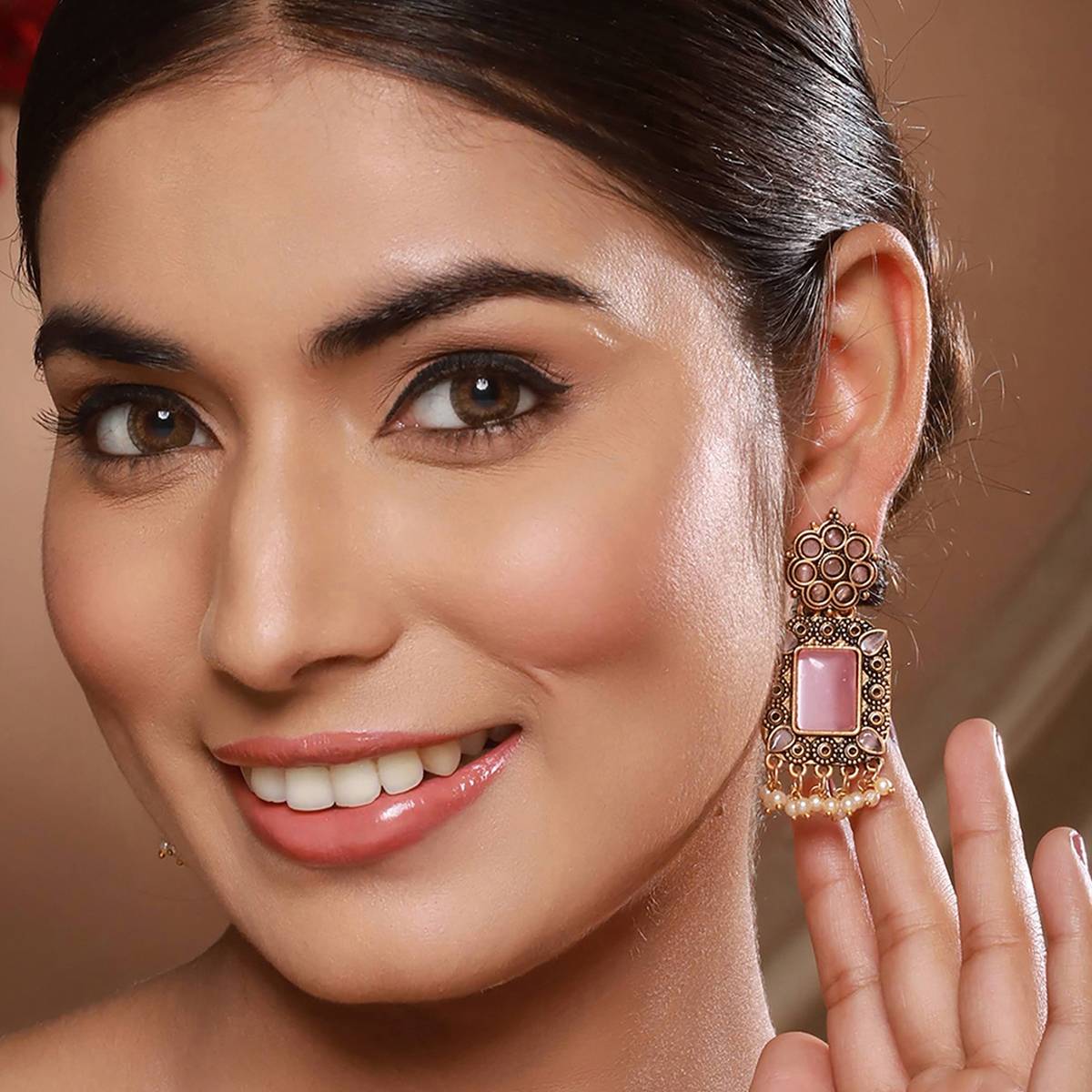 Aatmana Gold-Plated Pink Stones-Studded & Beaded Drop Earrings