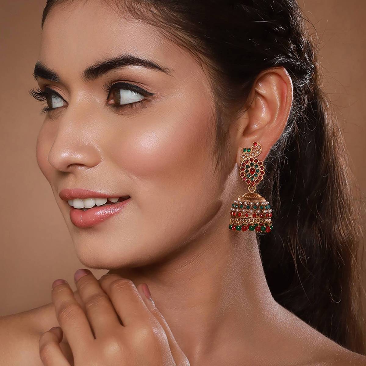 Aatmana Gold-Plated Peacock Shaped Contemporary Jhumkas