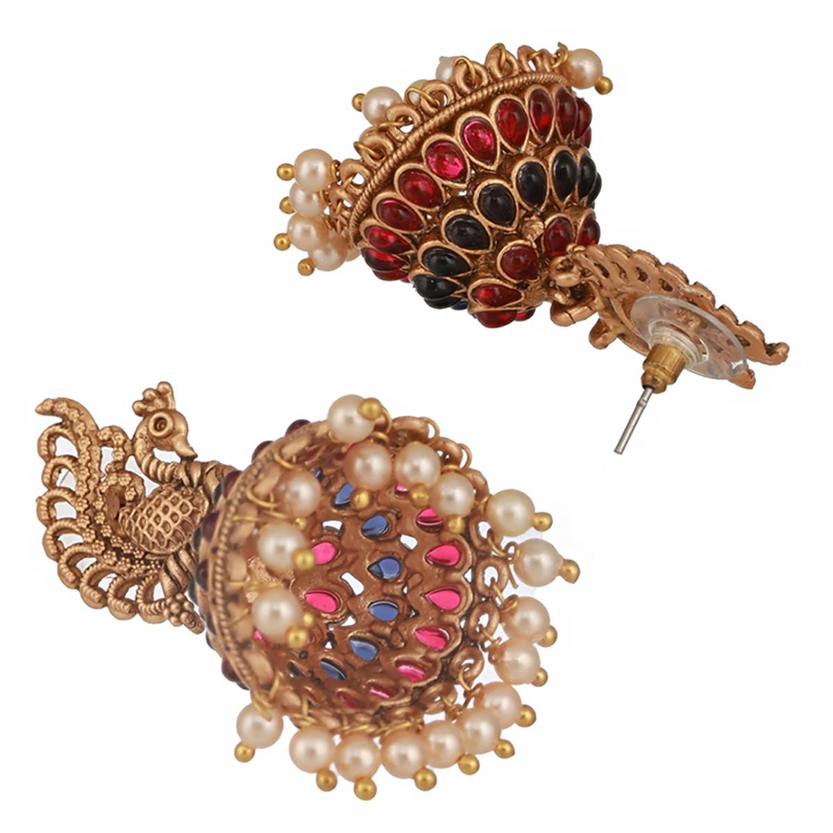 Aatmana Gold-Plated Stones Studded Beads Beaded Peacock Shaped Jhumkas