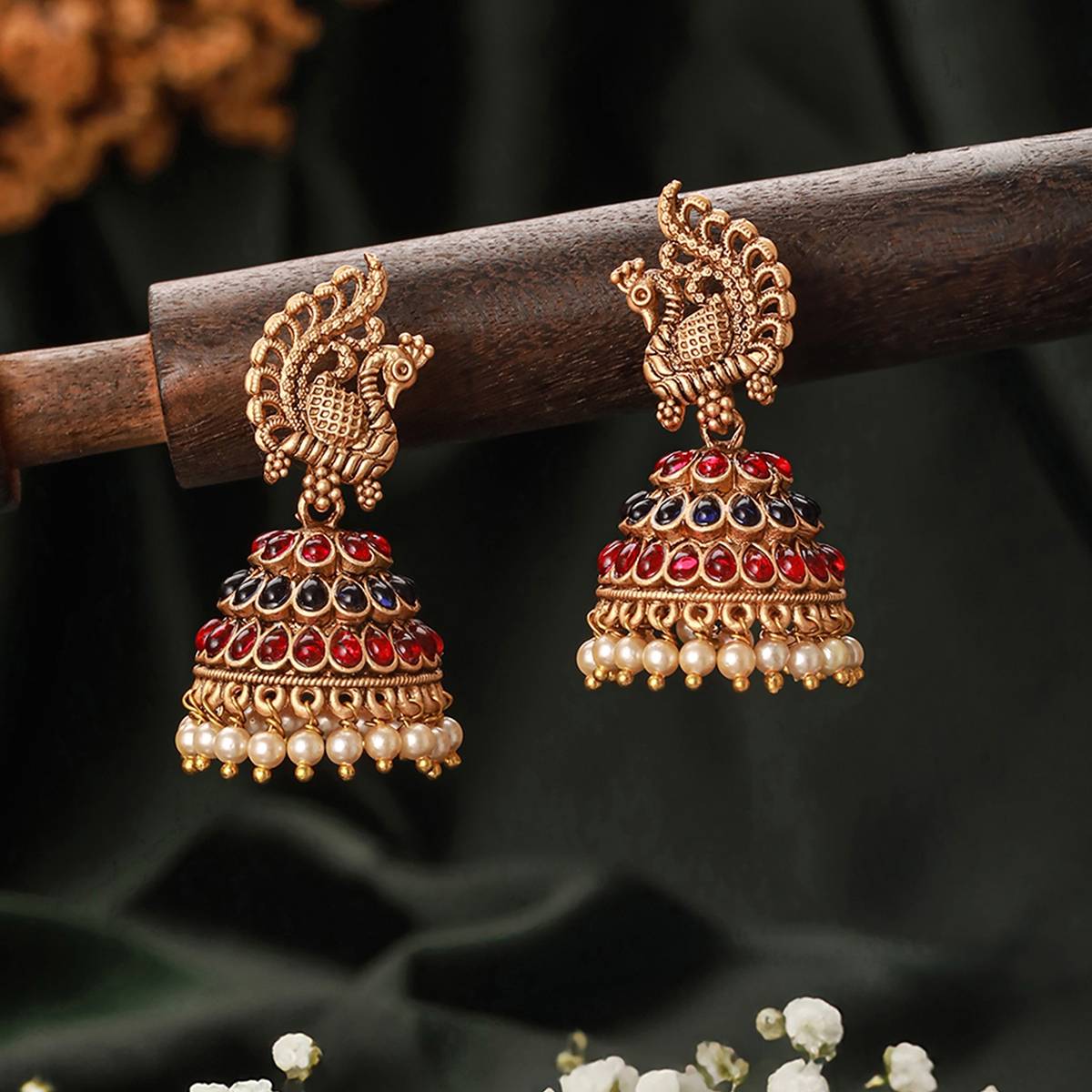Aatmana Gold-Plated Stones Studded Beads Beaded Peacock Shaped Jhumkas