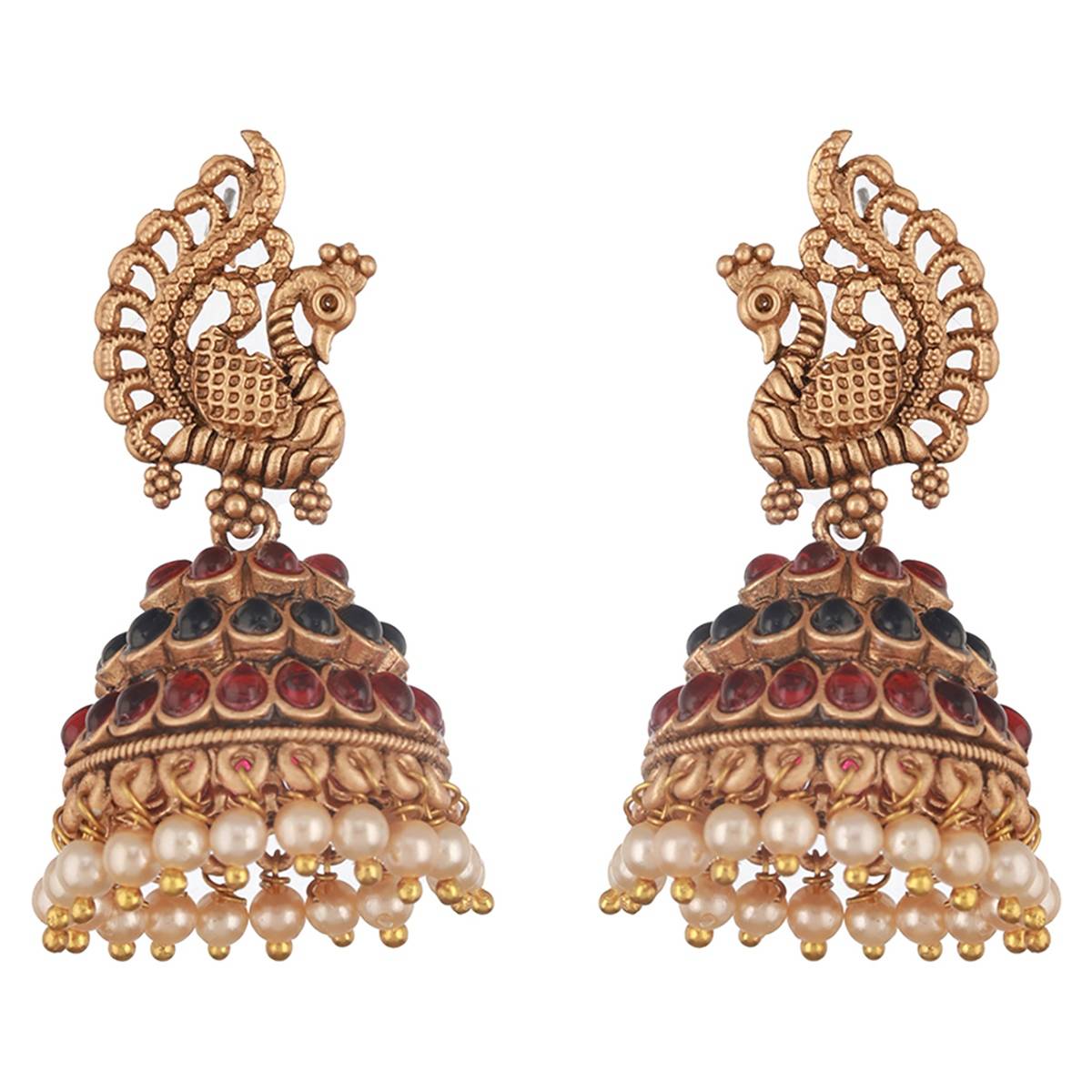 Aatmana Gold-Plated Stones Studded Beads Beaded Peacock Shaped Jhumkas