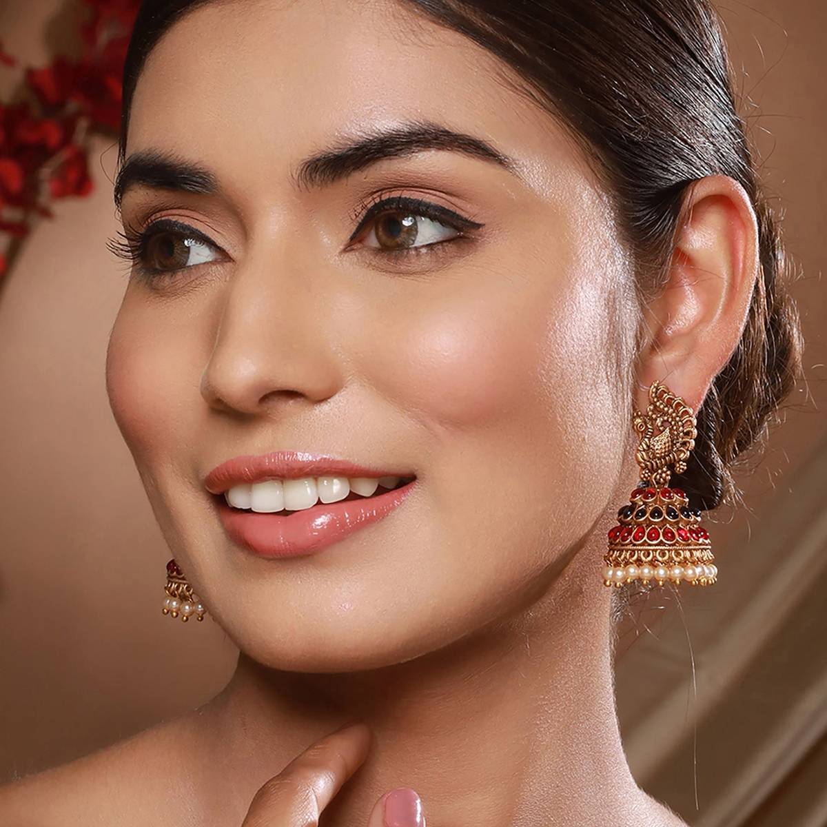 Aatmana Gold-Plated Stones Studded Beads Beaded Peacock Shaped Jhumkas