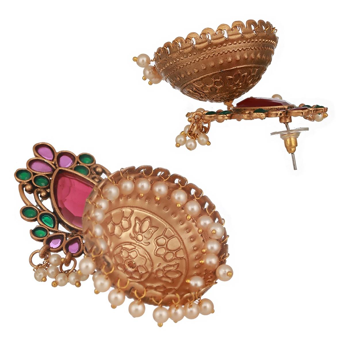 Aatmana Gold-Plated Stones Studded Beads Beaded Dome Shaped Jhumkas