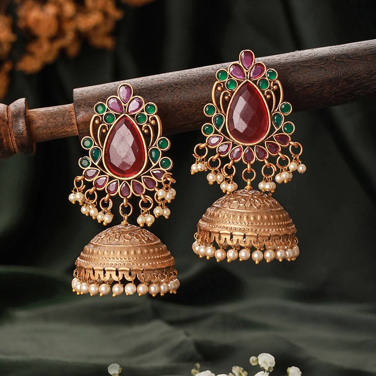 Aatmana Gold-Plated Stones Studded Beads Beaded Dome Shaped Jhumkas