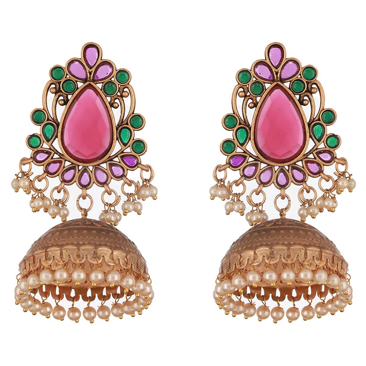 Aatmana Gold-Plated Stones Studded Beads Beaded Dome Shaped Jhumkas