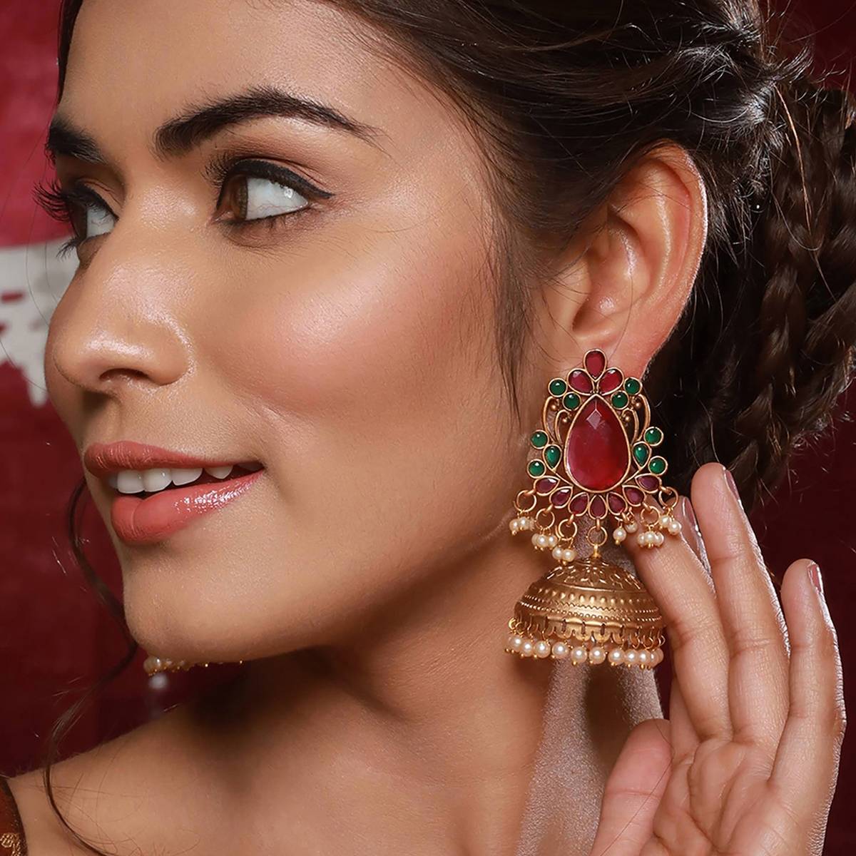 Aatmana Gold-Plated Stones Studded Beads Beaded Dome Shaped Jhumkas