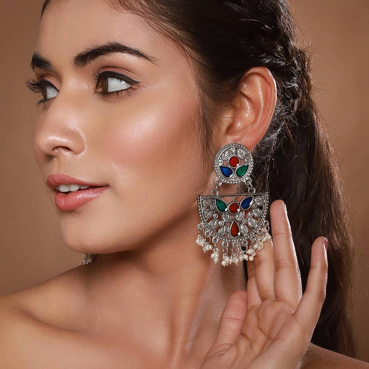 Aatmana Silver-Plated Multi Colred Enamelled & Beaded Chandbali Earrings · One Size