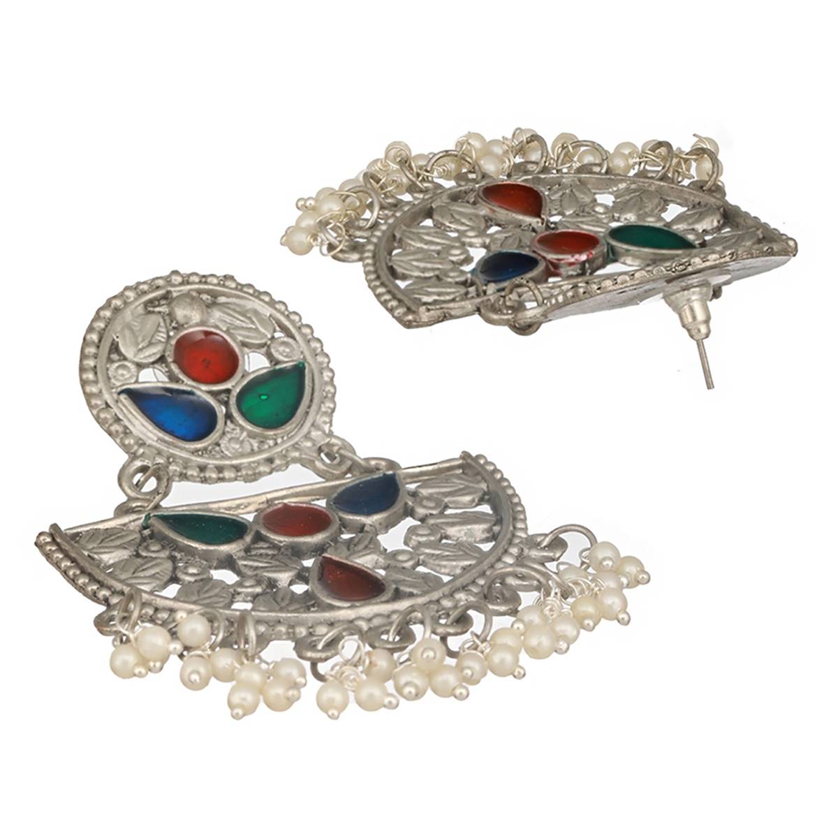 Aatmana Silver-Plated Multi Colred Enamelled & Beaded Chandbali Earrings · One Size