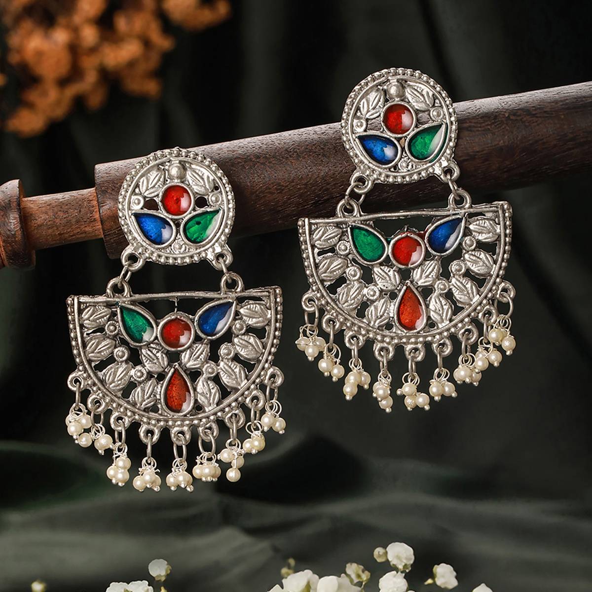 Aatmana Silver-Plated Multi Colred Enamelled & Beaded Chandbali Earrings