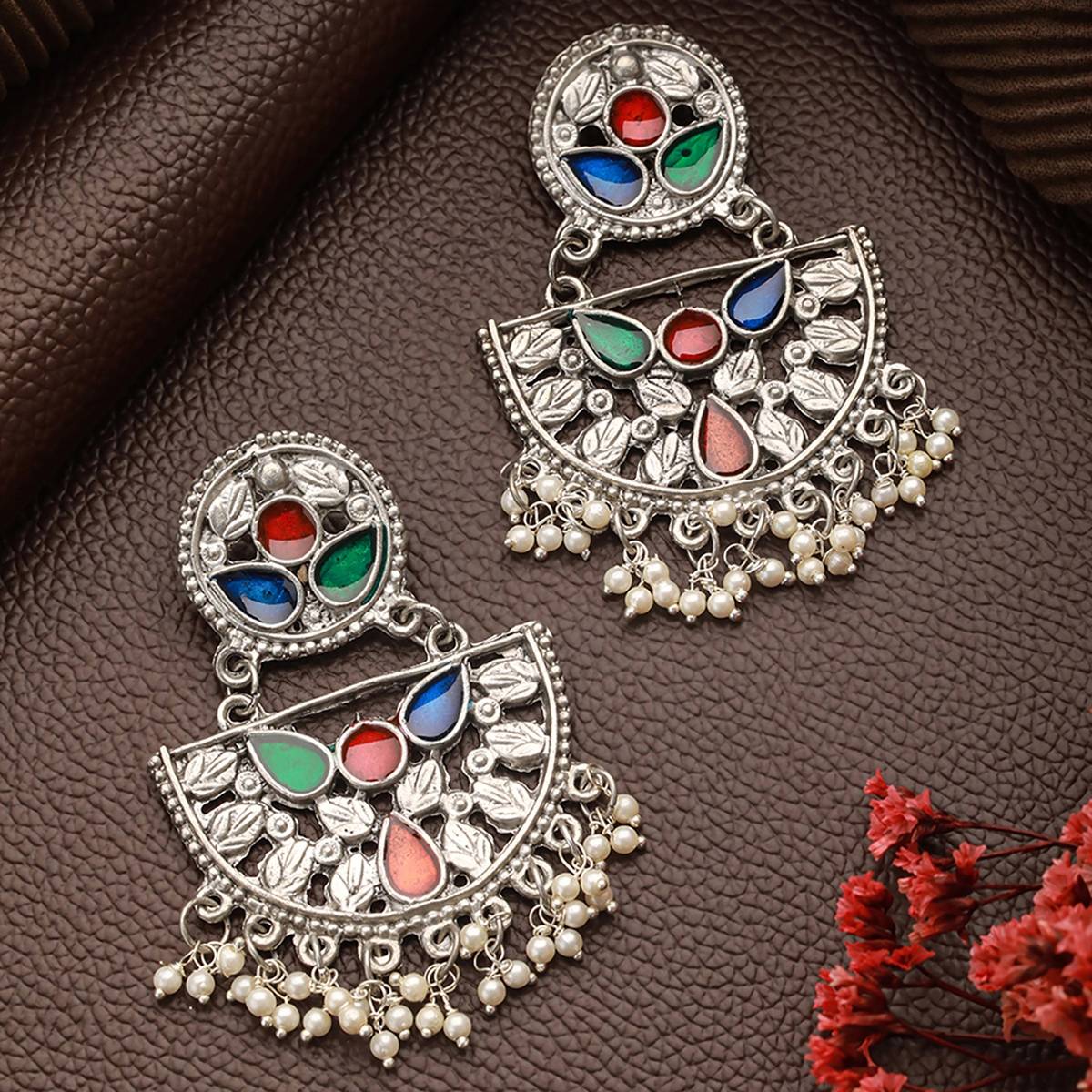 Aatmana Silver-Plated Multi Colred Enamelled & Beaded Chandbali Earrings