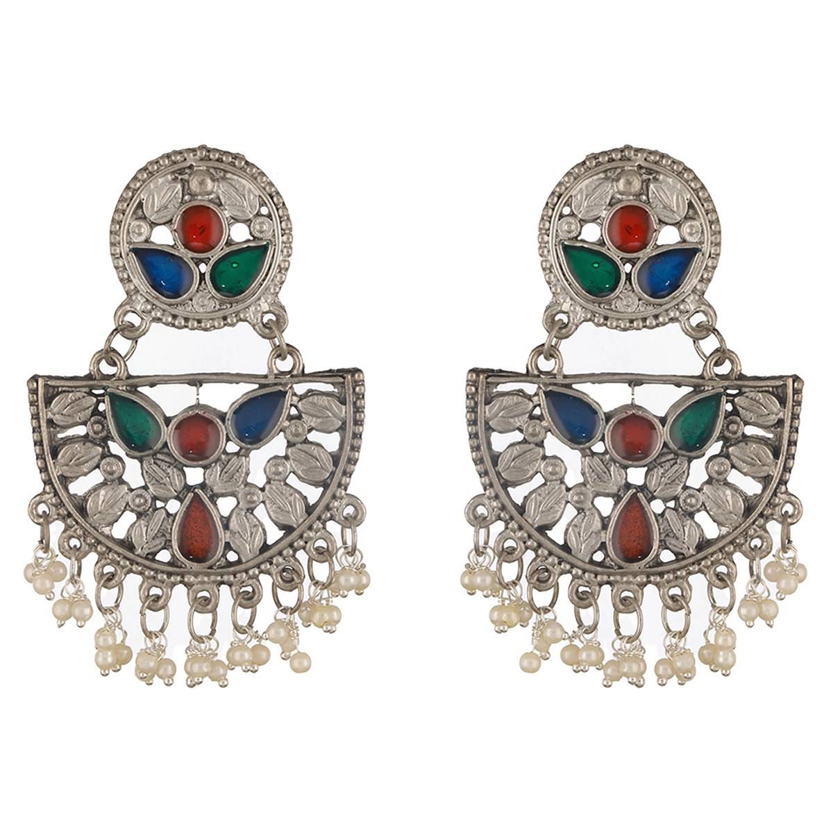 Aatmana Silver-Plated Multi Colred Enamelled & Beaded Chandbali Earrings