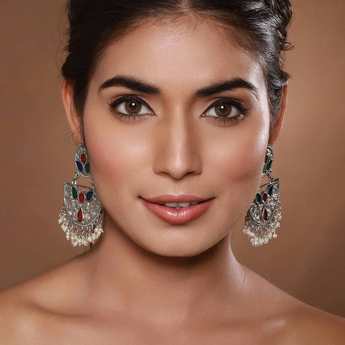 Aatmana Silver-Plated Multi Colred Enamelled & Beaded Chandbali Earrings