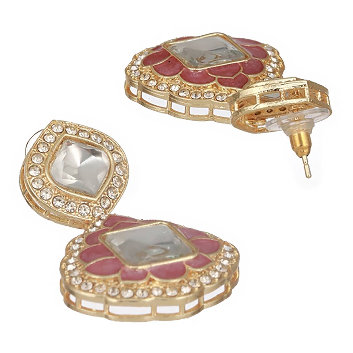 Aatmana Pink Enamlled & CZ Studded Gold-Toned Contemporary Drop Earrings · One Size