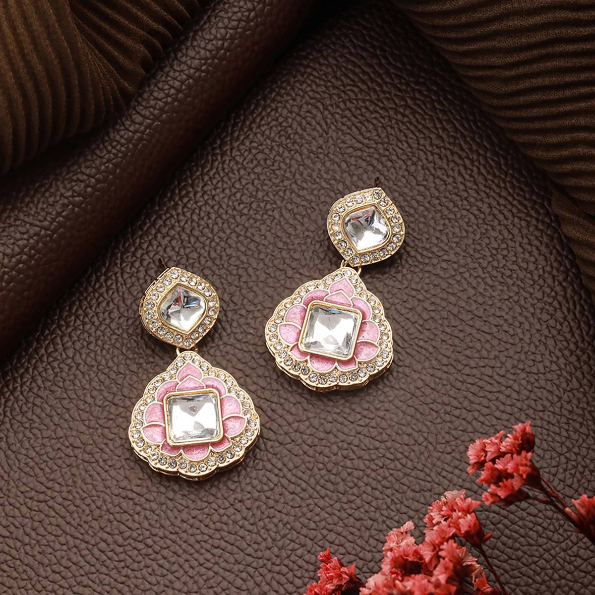 Aatmana Pink Enamlled & CZ Studded Gold-Toned Contemporary Drop Earrings