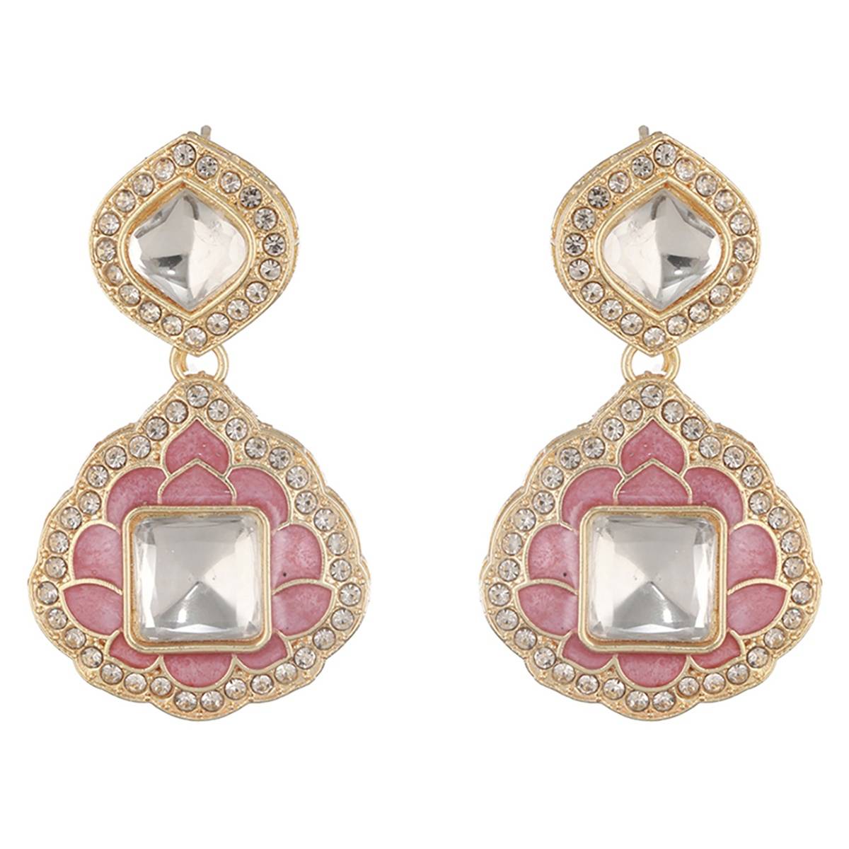 Aatmana Pink Enamlled & CZ Studded Gold-Toned Contemporary Drop Earrings