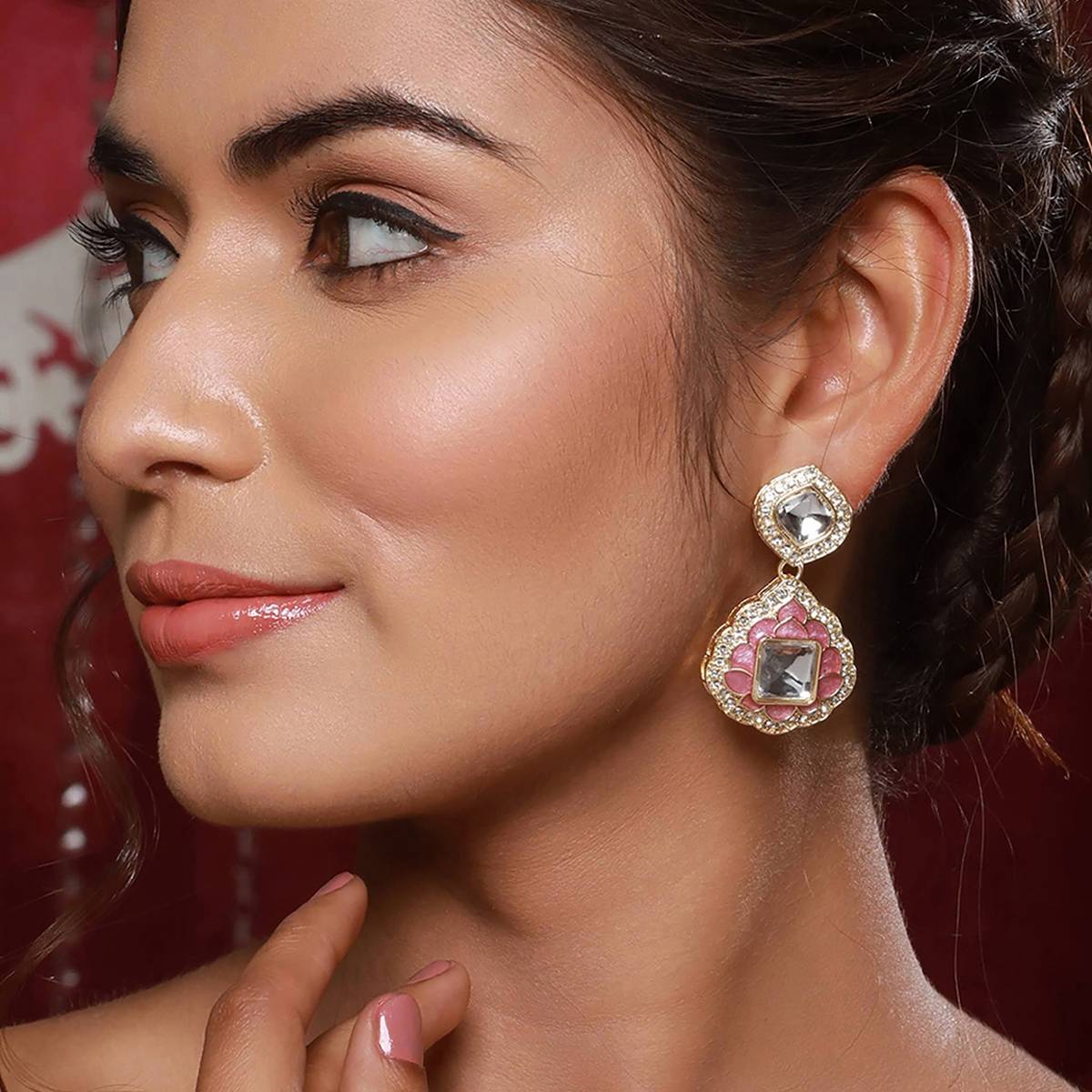 Aatmana Pink Enamlled & CZ Studded Gold-Toned Contemporary Drop Earrings