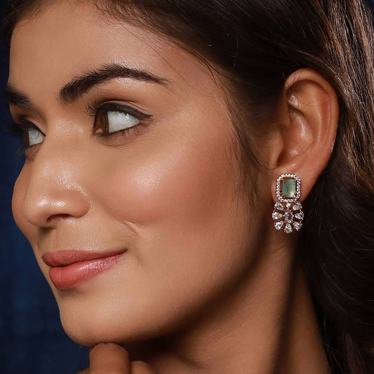 Aatmana Mint Green & Rose Gold-Plated AD Floral Earrings