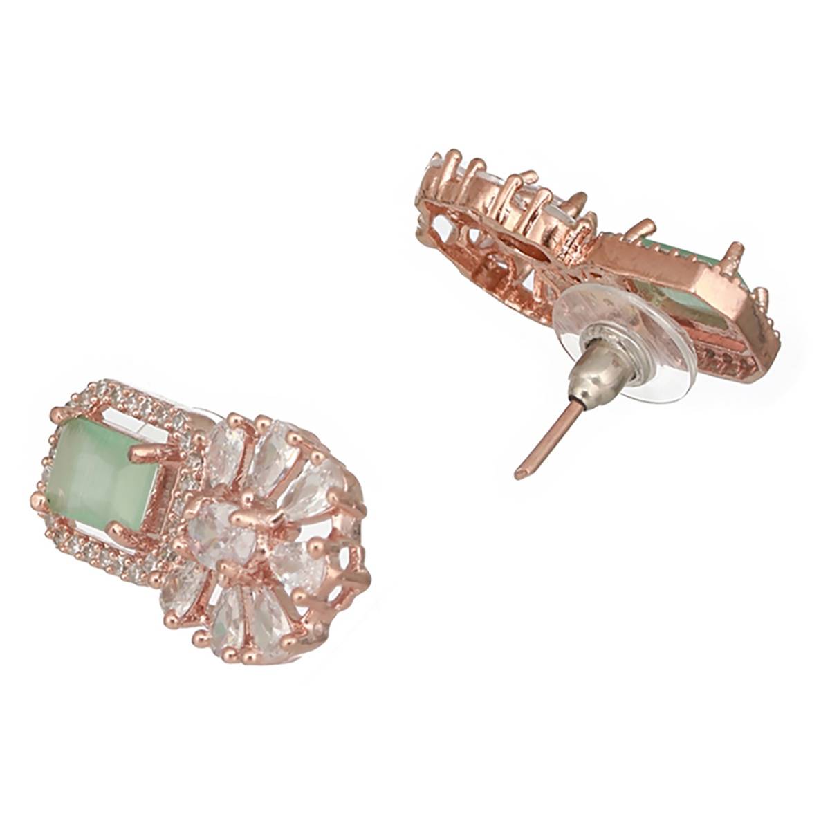 Aatmana Mint Green & Rose Gold-Plated AD Floral Earrings