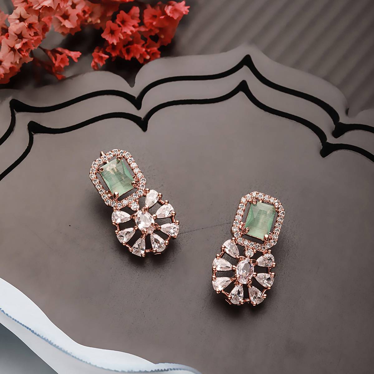 Aatmana Mint Green & Rose Gold-Plated AD Floral Earrings