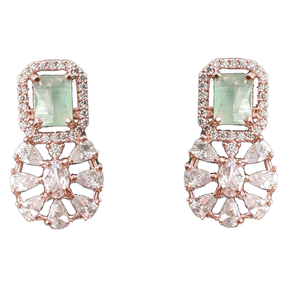 Aatmana Mint Green & Rose Gold-Plated AD Floral Earrings