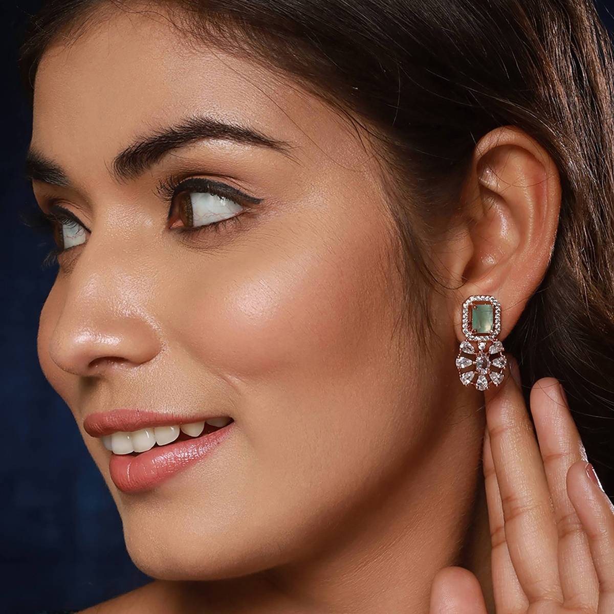 Aatmana Mint Green & Rose Gold-Plated AD Floral Earrings