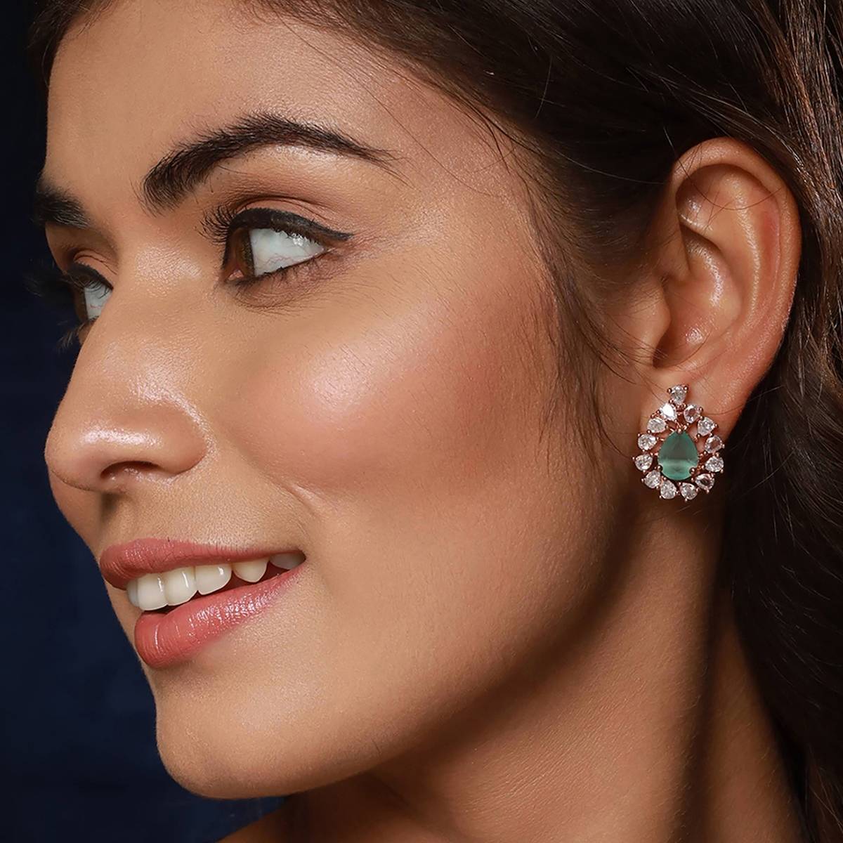Aatmana Rose Gold-Plated & mint Green American Diamond Stidded Tear Shaped Studs Earrings