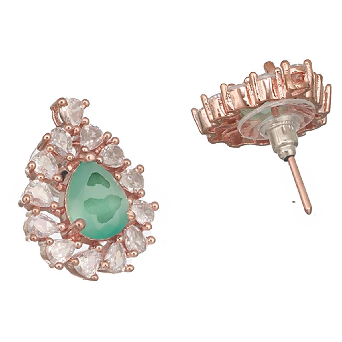 Aatmana Rose Gold-Plated & mint Green American Diamond Stidded Tear Shaped Studs Earrings