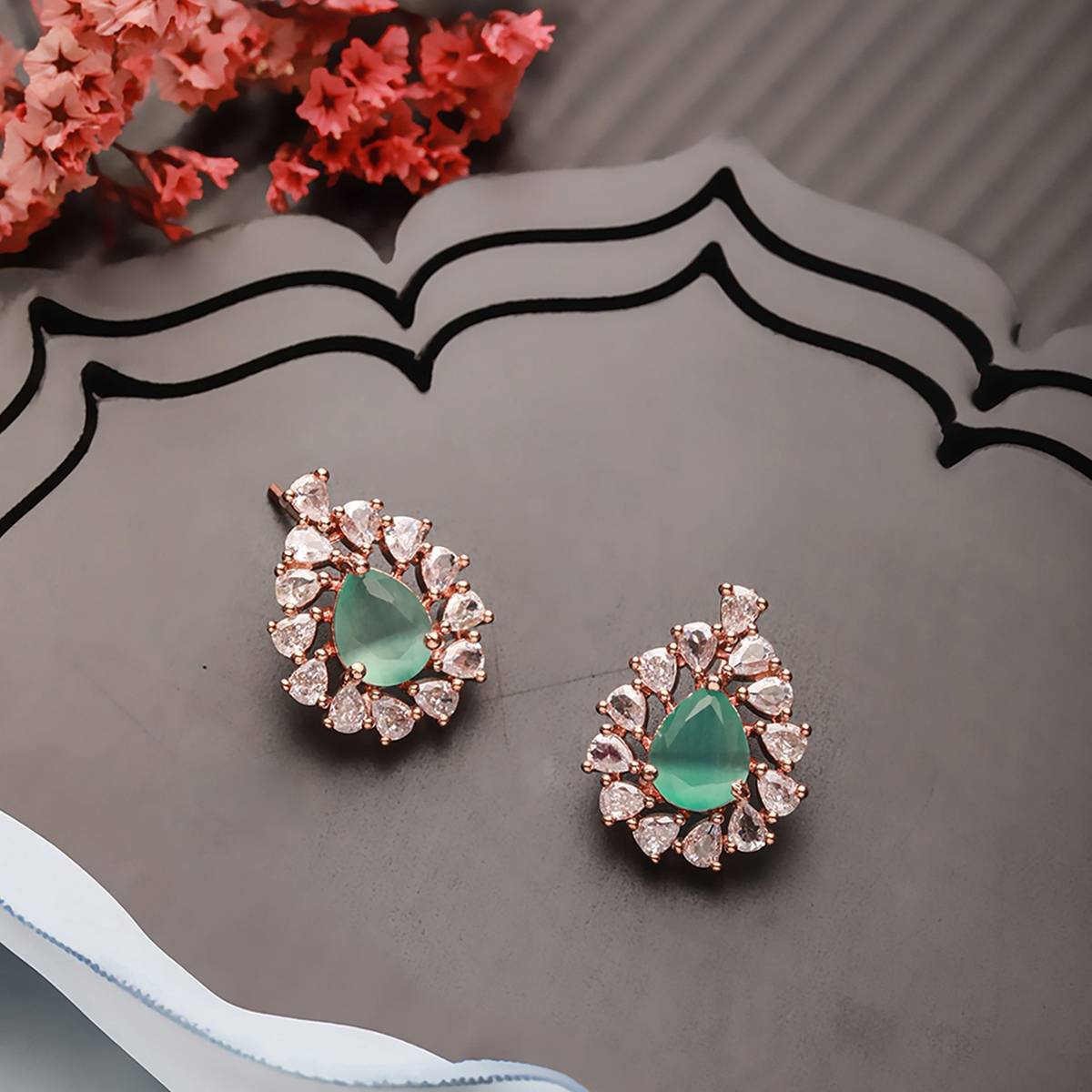 Aatmana Rose Gold-Plated & mint Green American Diamond Stidded Tear Shaped Studs Earrings