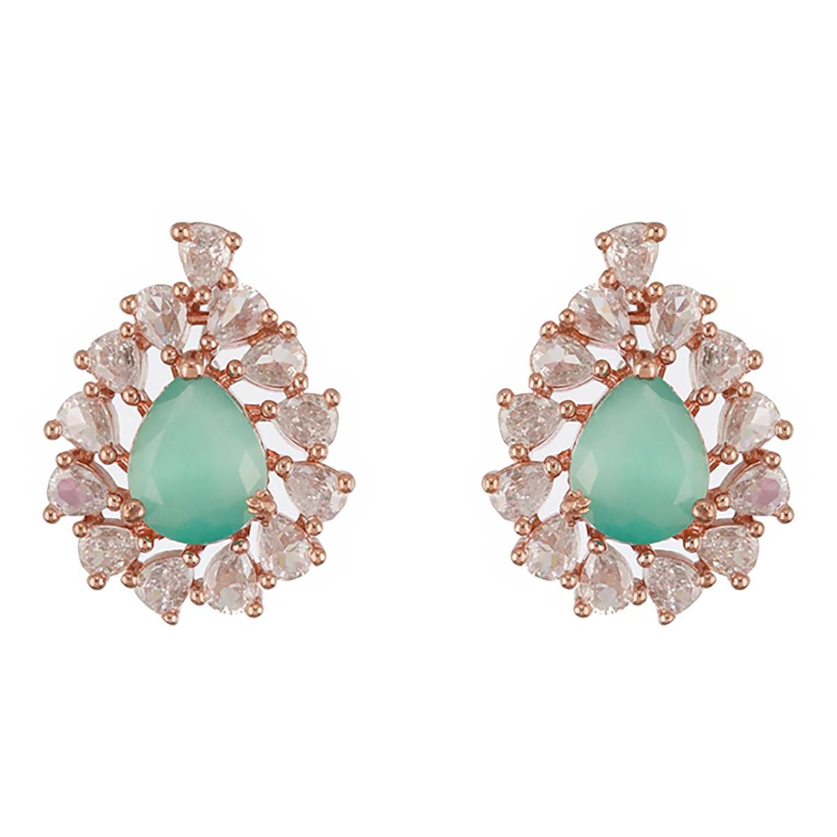 Aatmana Rose Gold-Plated & mint Green American Diamond Stidded Tear Shaped Studs Earrings