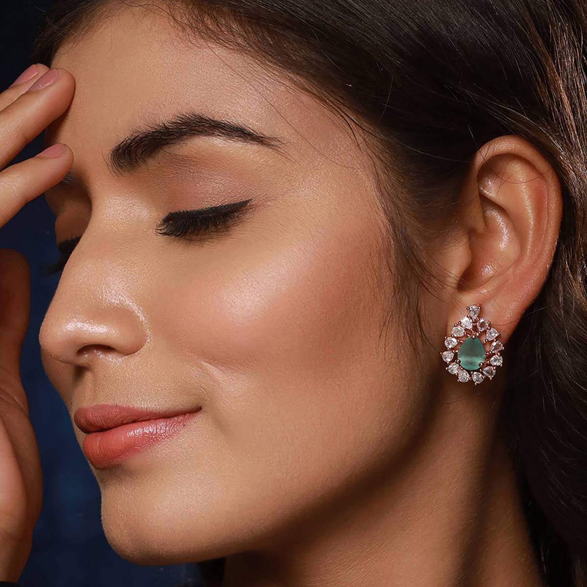Aatmana Rose Gold-Plated & mint Green American Diamond Stidded Tear Shaped Studs Earrings