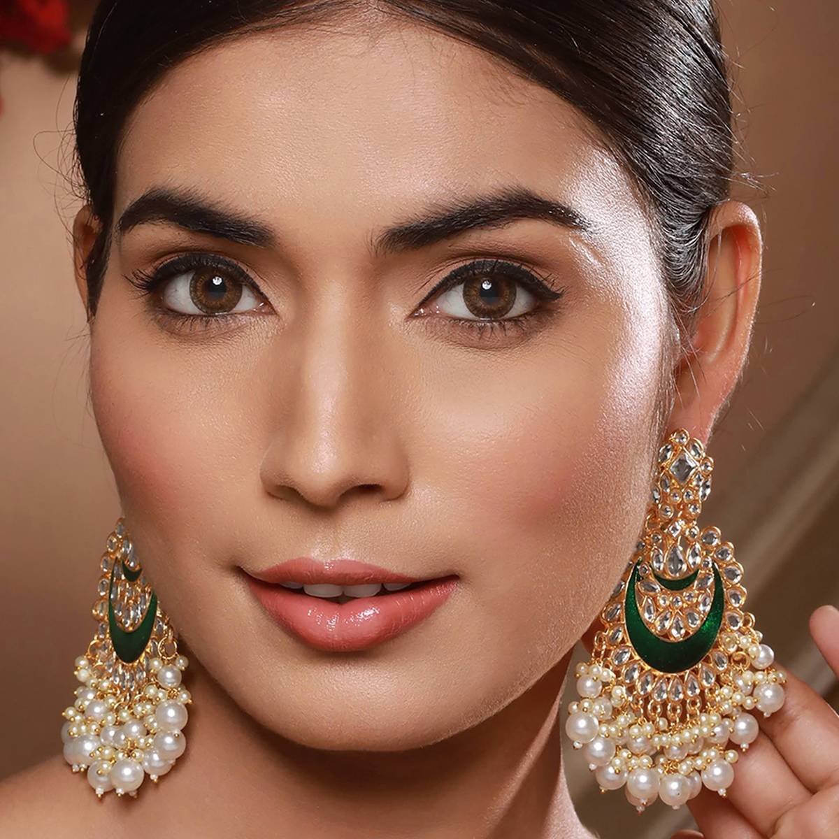 Aatmana Green Gold-Plated Stone-Studded & Beaded Crescent Shaped Meenakari Chandbalis