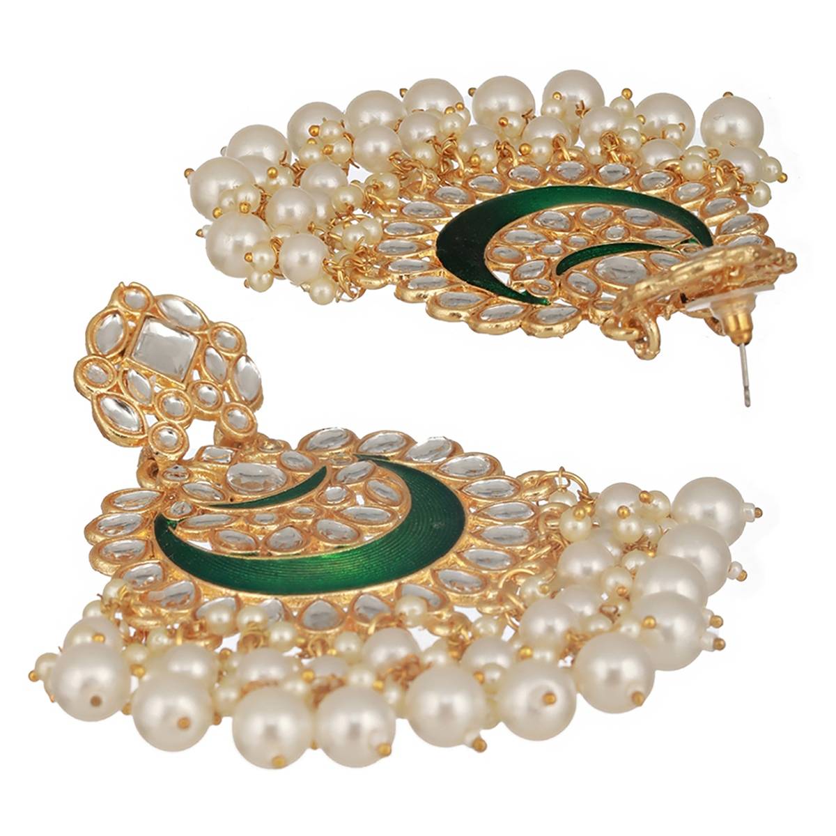 Aatmana Green Gold-Plated Stone-Studded & Beaded Crescent Shaped Meenakari Chandbalis