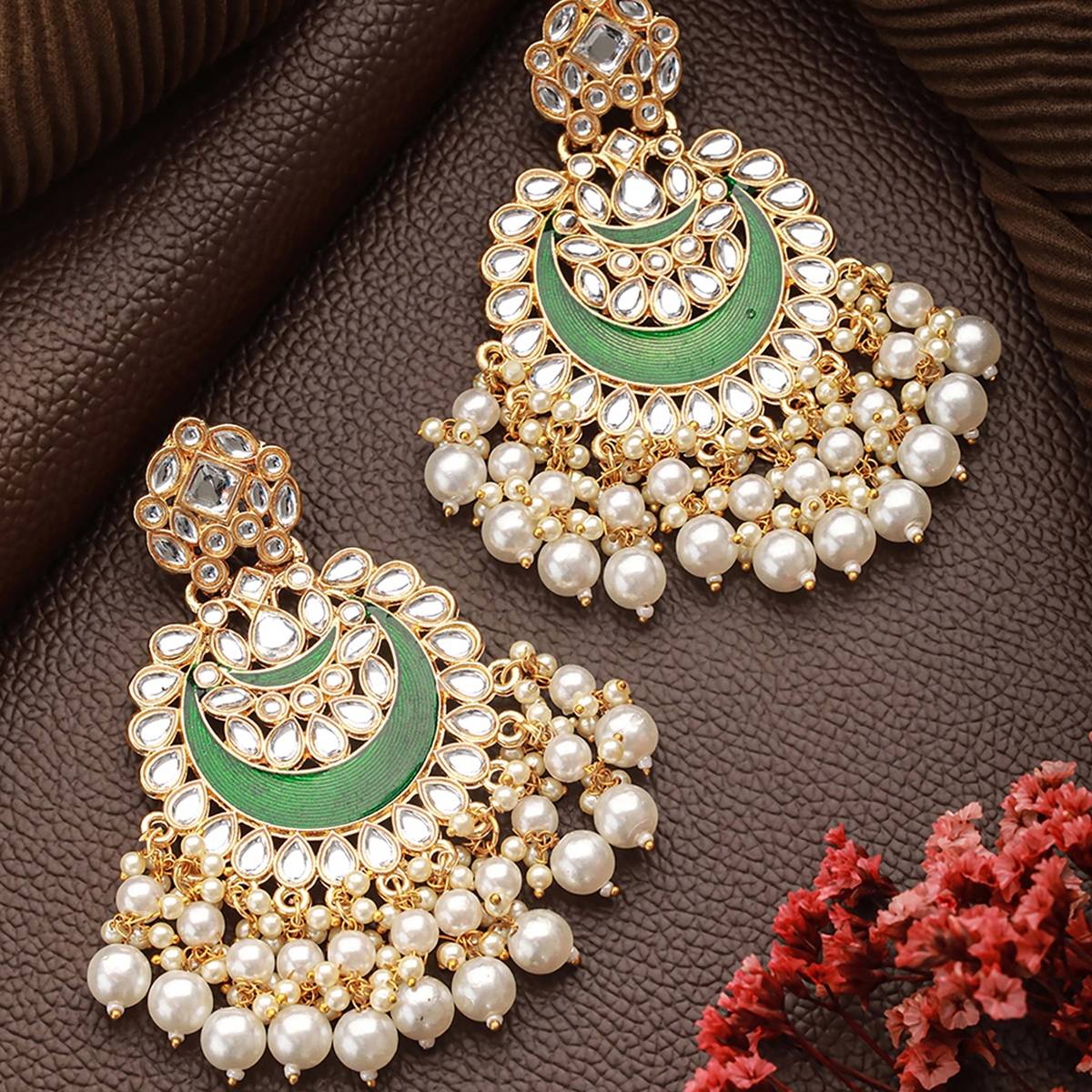 Aatmana Green Gold-Plated Stone-Studded & Beaded Crescent Shaped Meenakari Chandbalis