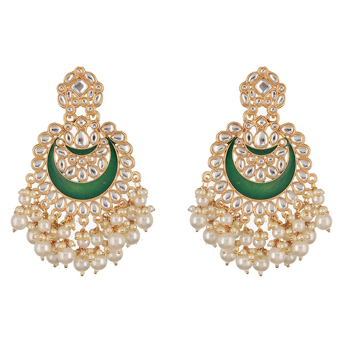 Aatmana Green Gold-Plated Stone-Studded & Beaded Crescent Shaped Meenakari Chandbalis