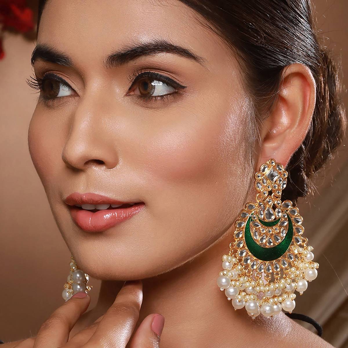 Aatmana Green Gold-Plated Stone-Studded & Beaded Crescent Shaped Meenakari Chandbalis