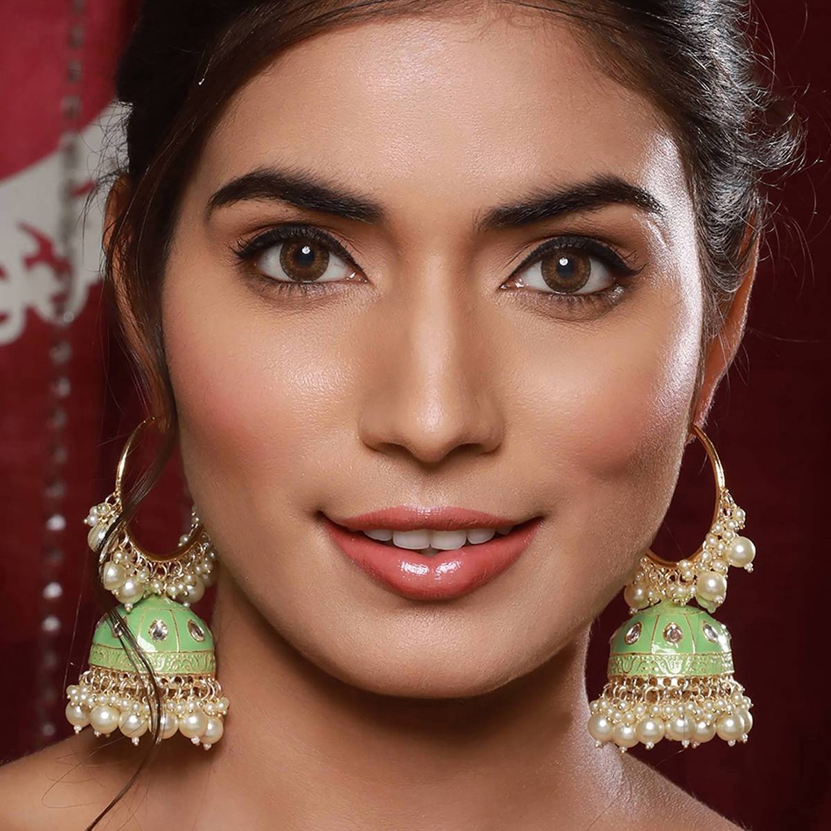 Aatmana Gold-Toned & Green Contemporary Kundan Studded Meenakari Earrings