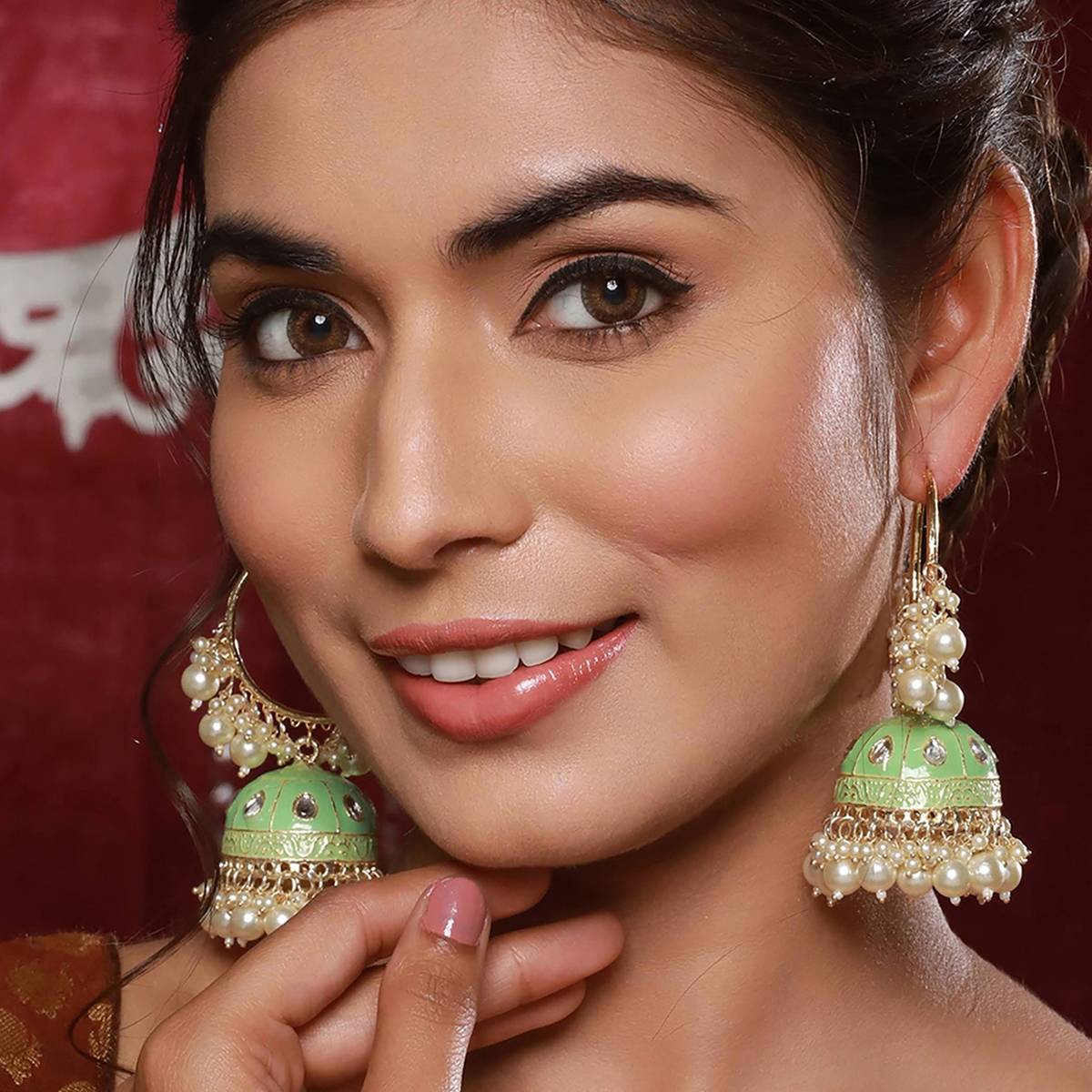 Aatmana Gold-Toned & Green Contemporary Kundan Studded Meenakari Earrings
